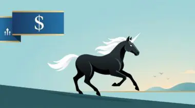 Black unicorn with white mane and horn, dollar sign banner in upper left, symbolizing $65B AI startup funding boom in June.