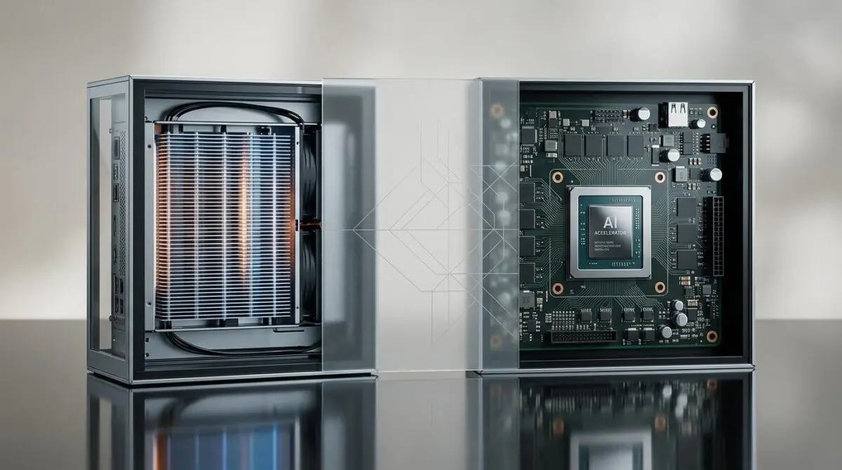 Server with illuminated cooling fins and circuit board with processor chip connected by frosted glass overlay, symbolizing unified AI factory design for BlueField-4 OS.