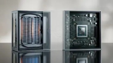 Server with illuminated cooling fins and circuit board with processor chip connected by frosted glass overlay, symbolizing unified AI factory design for BlueField-4 OS.