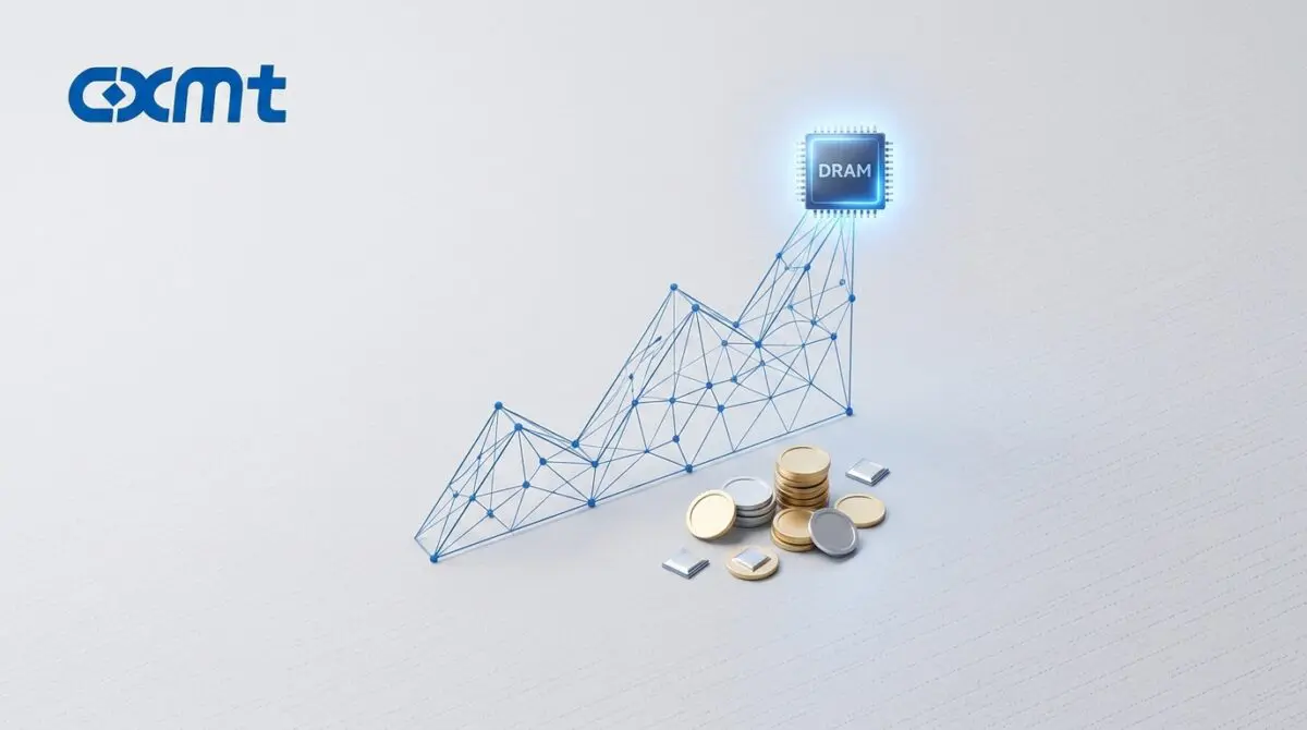 CXMT logo alongside a rising wireframe graph leading to a DRAM chip and stacks of coins.