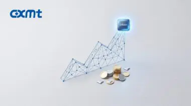 CXMT logo alongside a rising wireframe graph leading to a DRAM chip and stacks of coins.