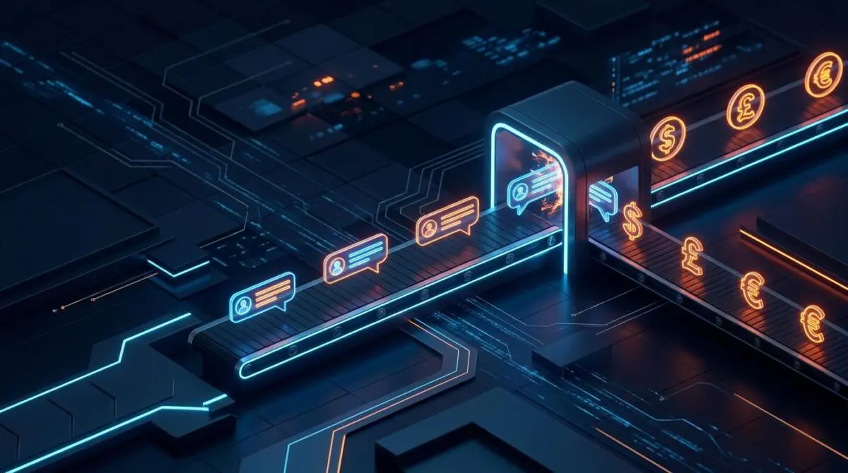 Isometric conveyor belt turning chat bubbles into currency symbols in dark cyber scene of OpenAI's scam takedown.