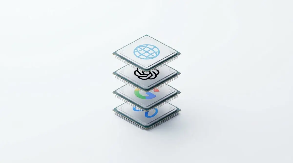 Stack of four chips with OpenAI and tech logos, topped by globe, symbolizing cost-efficient Chinese AI vs US.