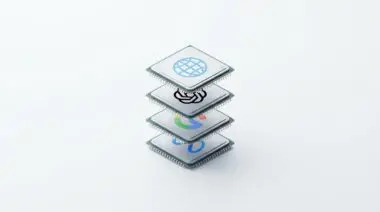 Stack of four chips with OpenAI and tech logos, topped by globe, symbolizing cost-efficient Chinese AI vs US.