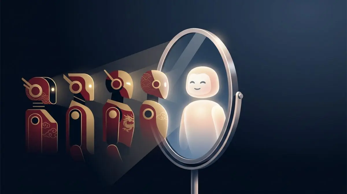 Red Chinese robotic figures looking in a mirror and seeing the glowing reflection of a friendly Claude AI character.