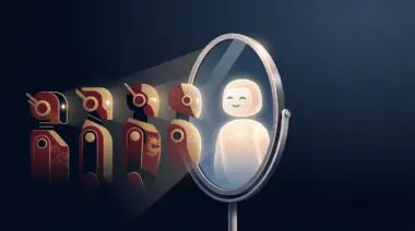 Red Chinese robotic figures looking in a mirror and seeing the glowing reflection of a friendly Claude AI character.
