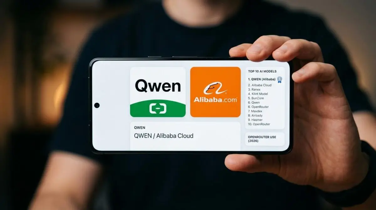 Smartphone screen displaying Qwen and Alibaba.com logos symbolizing Chinese open-source AI models dominating rankings and usage in 2026