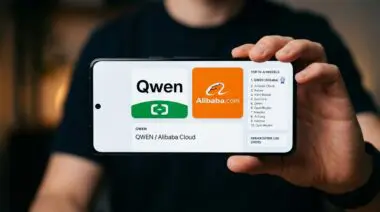 Smartphone screen displaying Qwen and Alibaba.com logos symbolizing Chinese open-source AI models dominating rankings and usage in 2026