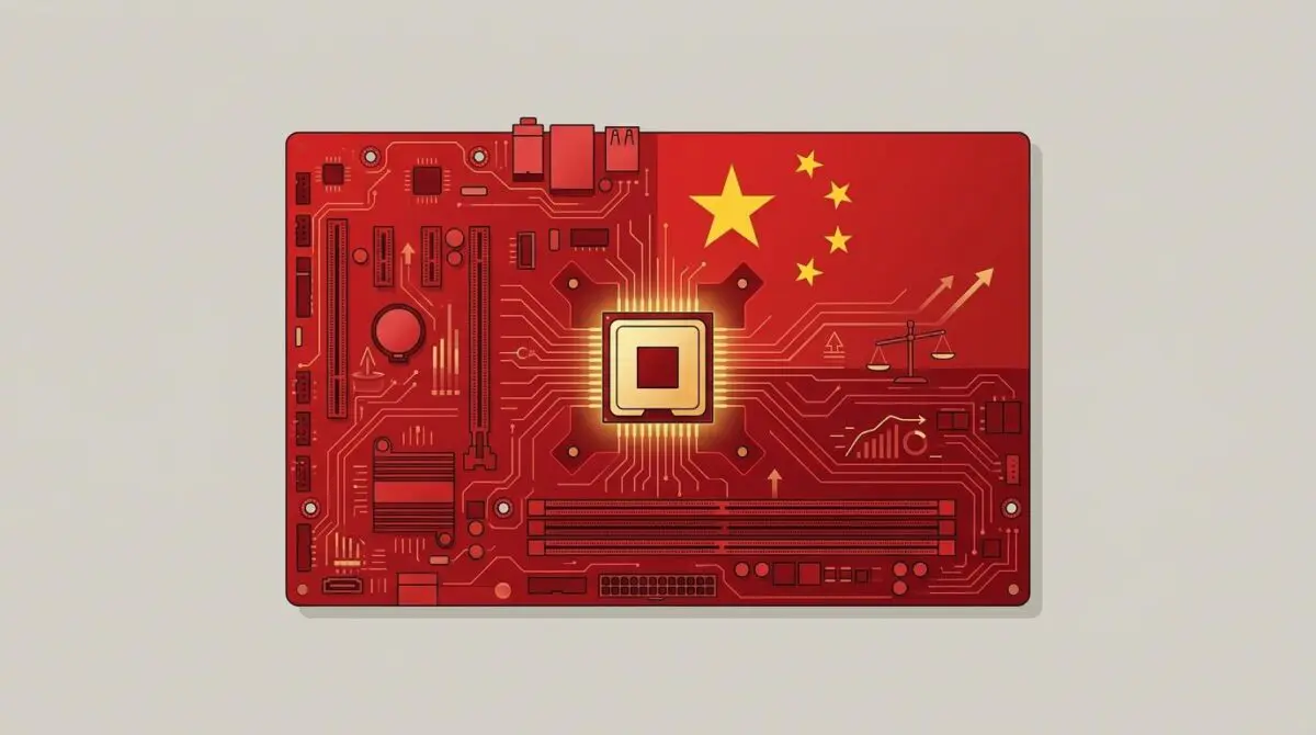 Red Chinese flag overlaid on computer motherboard with CPU chip socket, representing semiconductor tech driving AI race and US export policy reconsideration