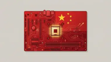 Red Chinese flag overlaid on computer motherboard with CPU chip socket, representing semiconductor tech driving AI race and US export policy reconsideration