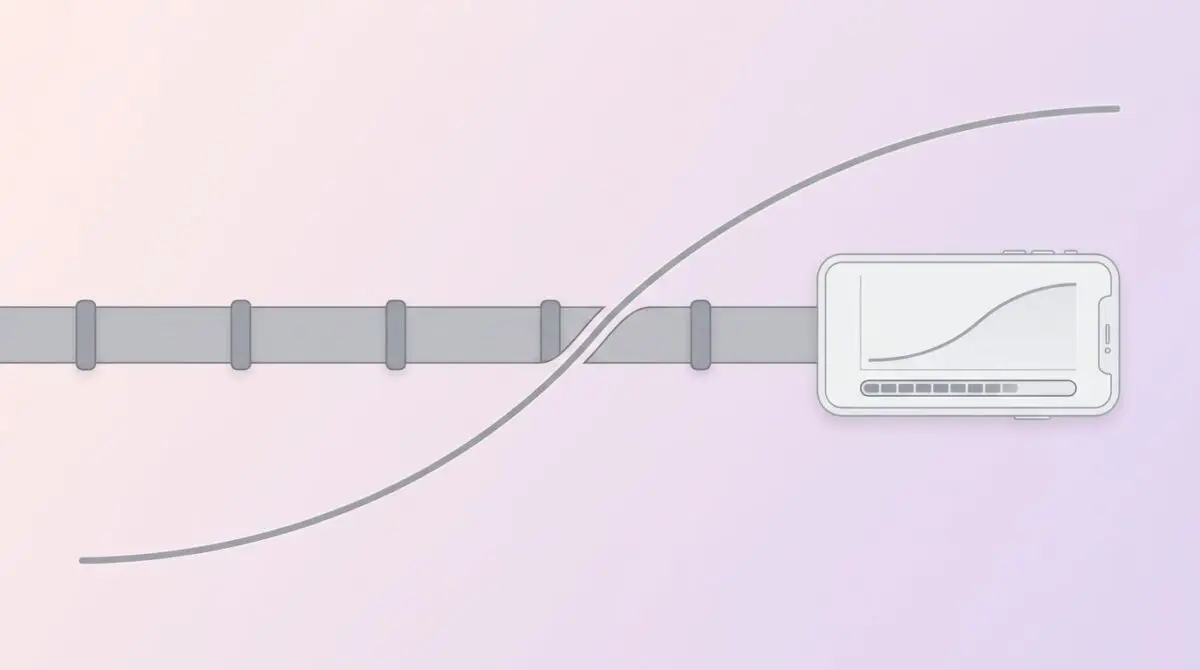 Smooth upward trend line crossing a segmented pipeline over a mobile phone outline with zero jank indicators, symbolizing Chrome on Android's 48% scroll jank reduction.