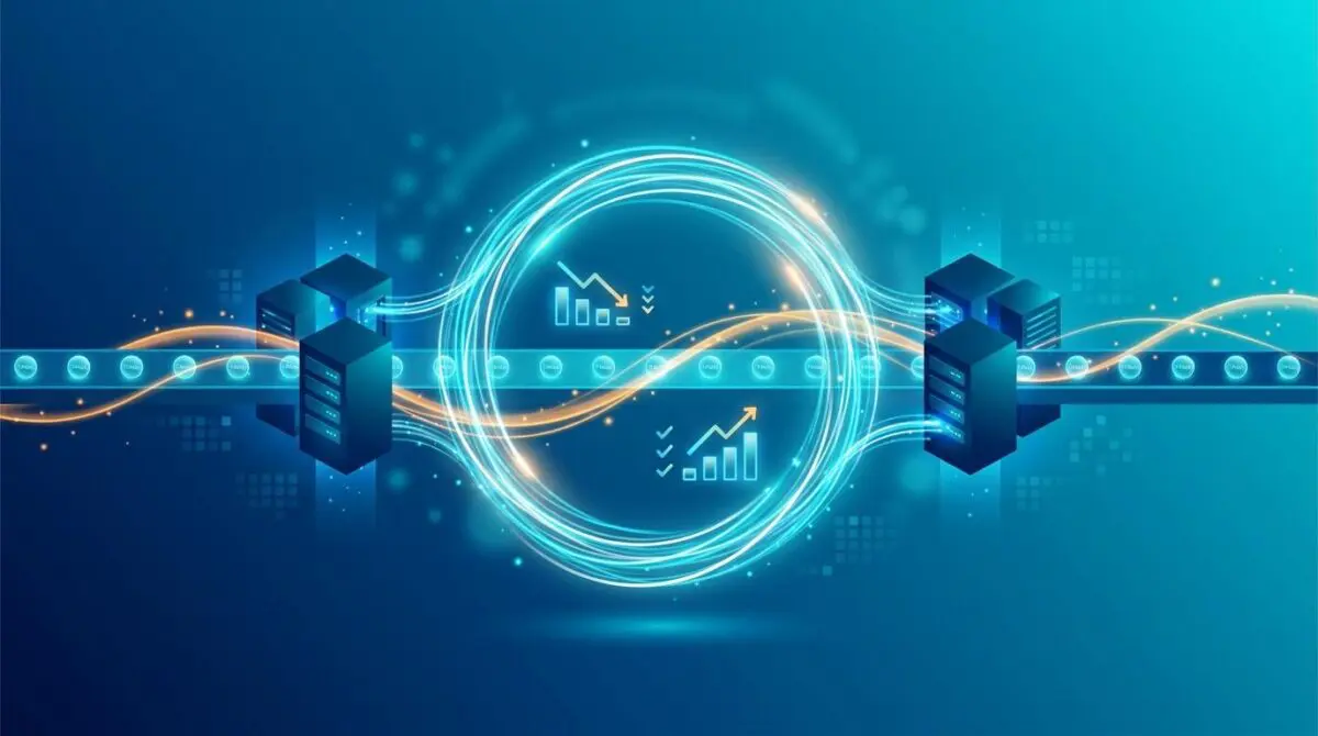 Data loop links server racks, digital display and token conveyor, with cyan and amber streams, showing cheaper, smarter AI.