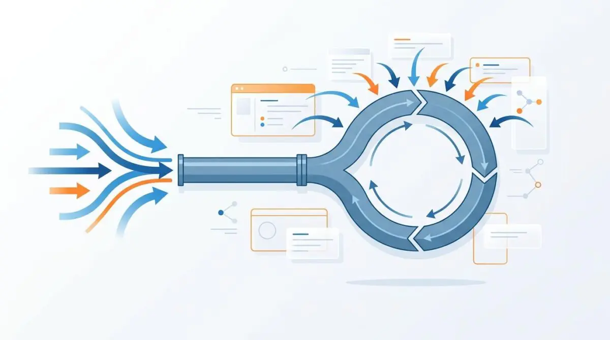 Metal pipe splitting into circular feedback loop with data arrows in digital workspace, contrasting classic and agentic retrieval architectures.