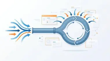 Metal pipe splitting into circular feedback loop with data arrows in digital workspace, contrasting classic and agentic retrieval architectures.