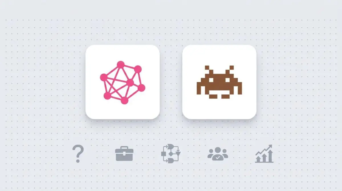 Two white cards on dotted grid: left pink node icon (Claude Code), right brown pixel robot (n8n), representing the 5-question framework for automation stack choice.