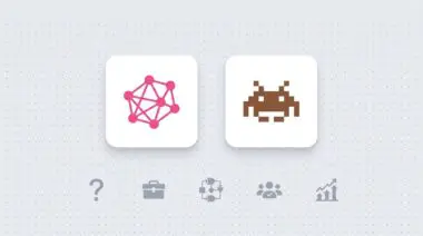 Two white cards on dotted grid: left pink node icon (Claude Code), right brown pixel robot (n8n), representing the 5-question framework for automation stack choice.
