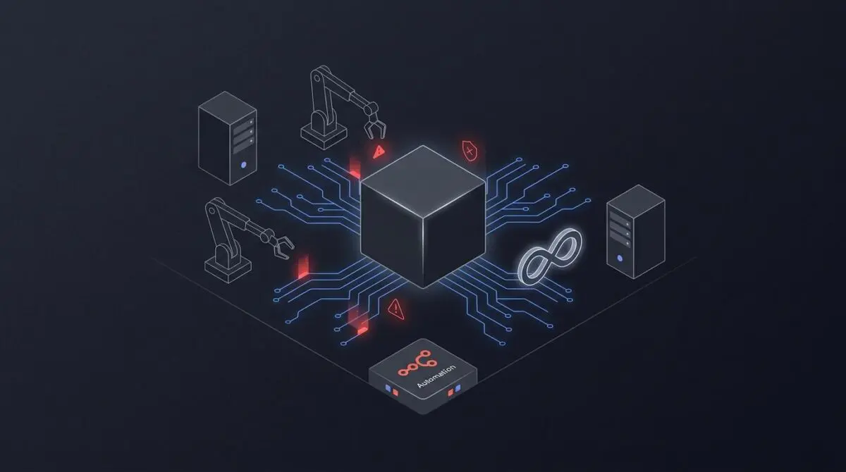 Dark isometric tech scene with glowing circuit lines from ClawHub node to robotic OpenClaw AI arms, infinity loop, n8n server towers, conveying security warnings for deployment