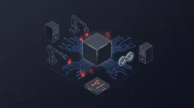Dark isometric tech scene with glowing circuit lines from ClawHub node to robotic OpenClaw AI arms, infinity loop, n8n server towers, conveying security warnings for deployment