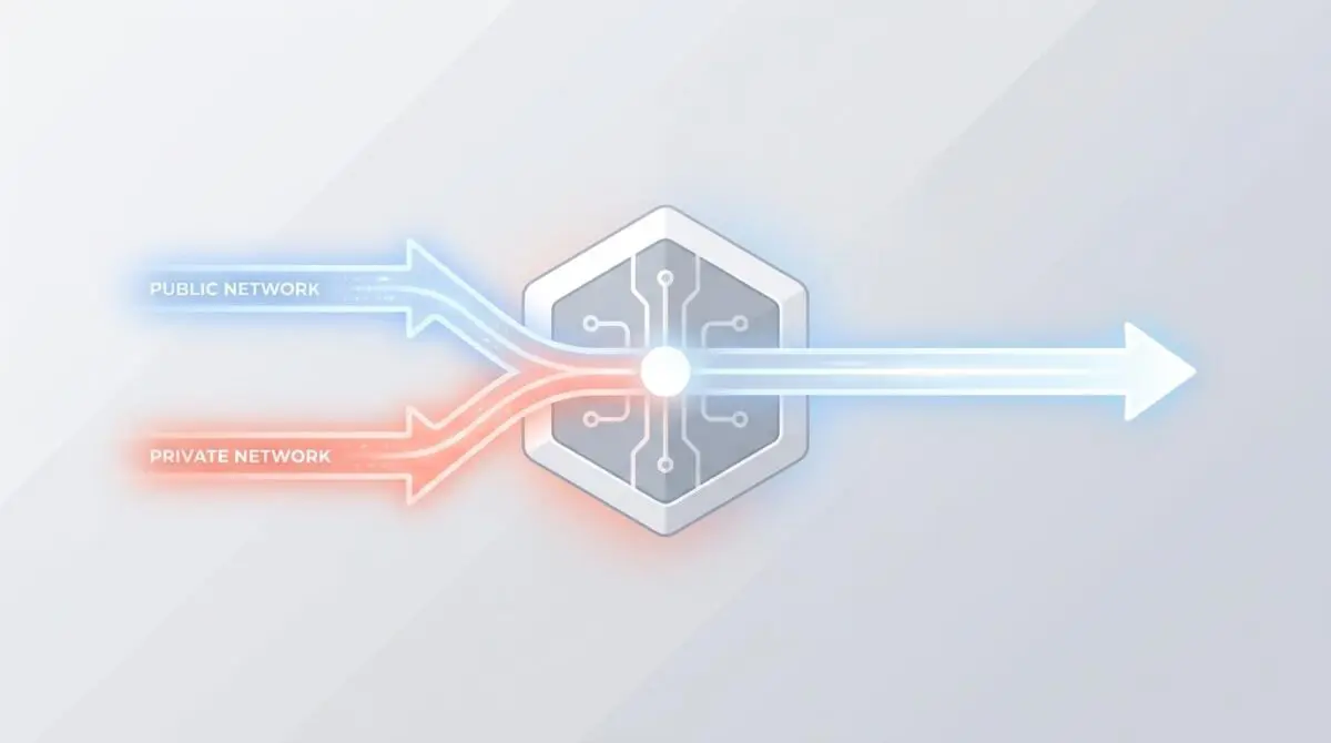 Central DNS server merging arrows from private and public networks into a single path, symbolizing seamless unification
