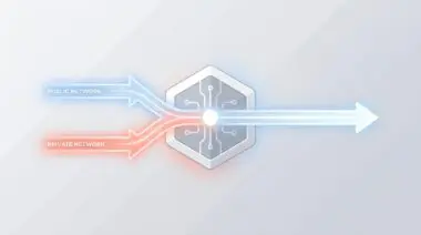 Central DNS server merging arrows from private and public networks into a single path, symbolizing seamless unification