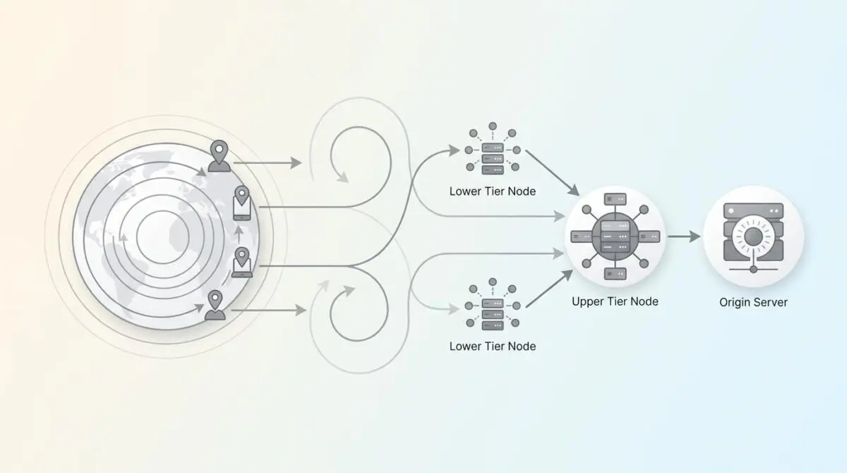 Stylized globe with location pins, client icons, and network nodes with arrows showing efficient routing bypassing hairpinning via Cloudflare region hints.