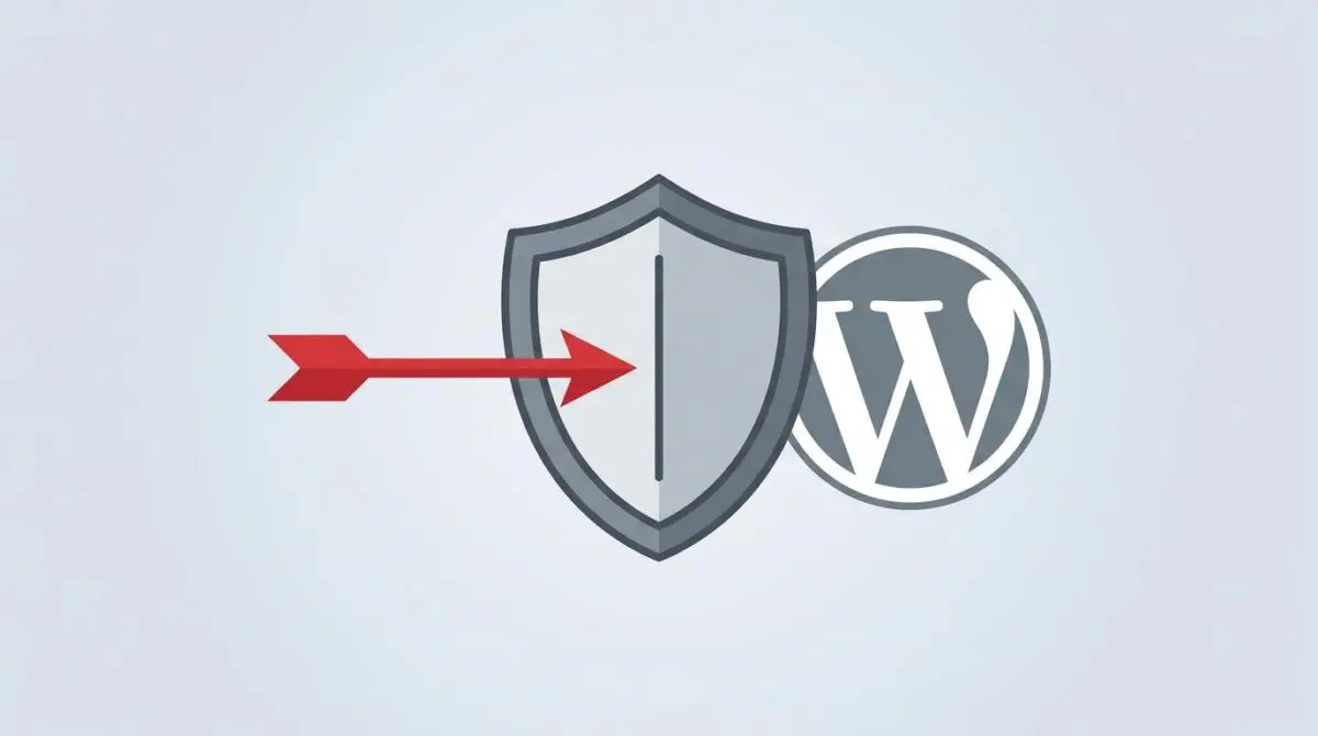 Shield blocking red arrow targeting WordPress icon, representing Cloudflare WAF defense against critical vulnerabilities.