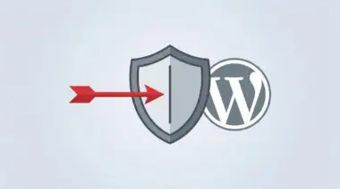 Shield blocking red arrow targeting WordPress icon, representing Cloudflare WAF defense against critical vulnerabilities.