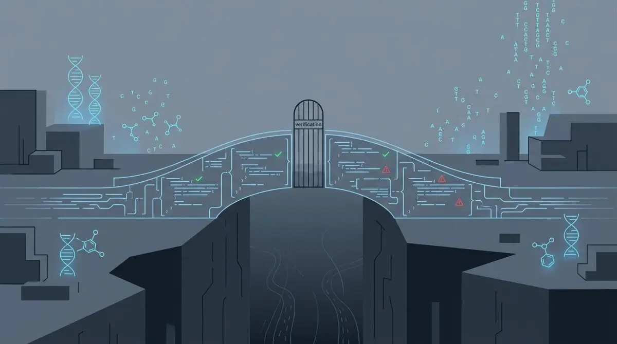 Coding agent interface overlays scientific code with validation checkmarks and warning icons, set in a digital research environment with floating genomic data visualizations and a bridge of code crossing a verification gate.