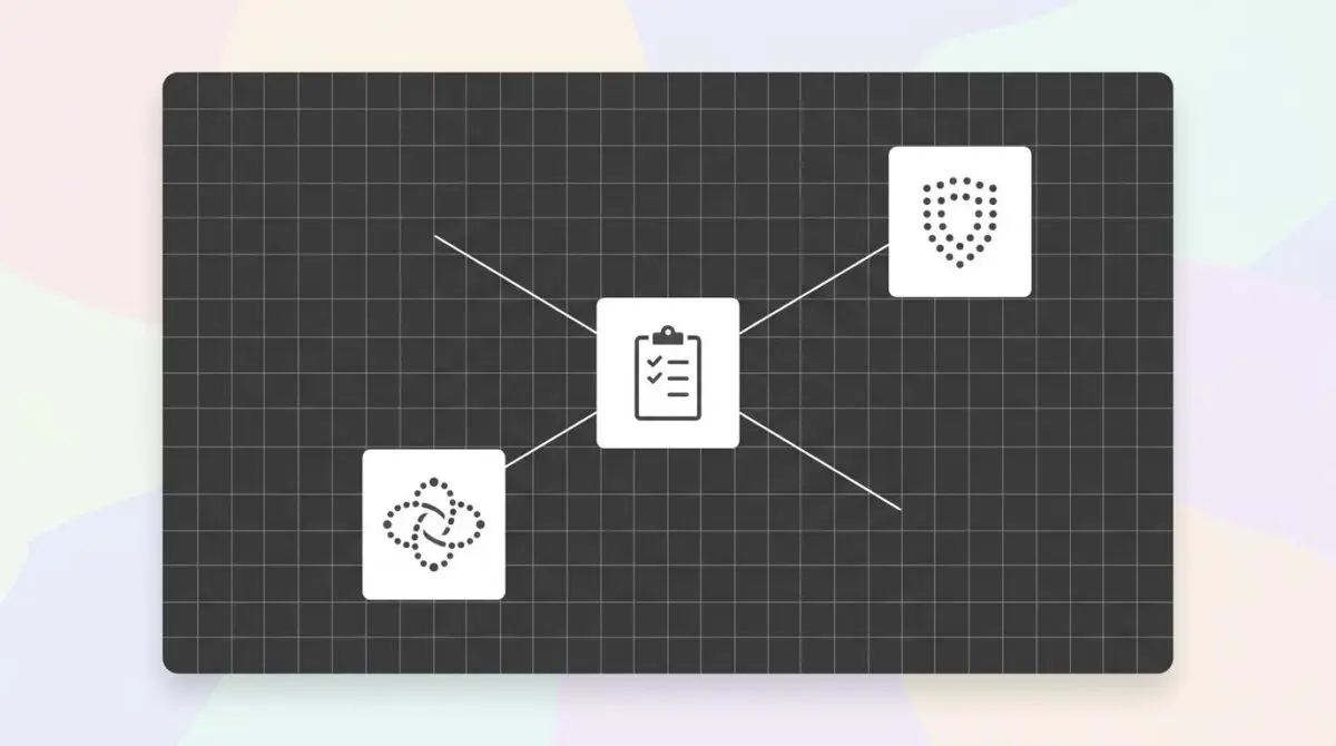 Clipboard icon on dark grid connected to three abstract squares symbolizing Vanta, Drata, and self-hosted compliance automation alternative