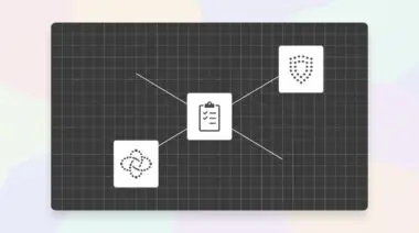 Clipboard icon on dark grid connected to three abstract squares symbolizing Vanta, Drata, and self-hosted compliance automation alternative