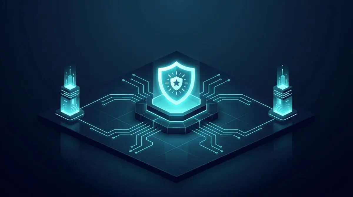 Isometric glowing shield on platform with circuit lines connecting to symmetrical towers, symbolizing n8n's confidence-based routing safety net for AI agents.
