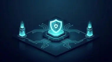 Isometric glowing shield on platform with circuit lines connecting to symmetrical towers, symbolizing n8n's confidence-based routing safety net for AI agents.