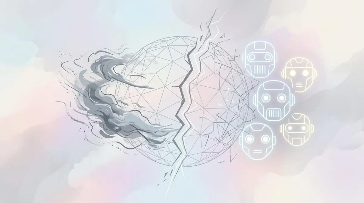Cracked globe with robot faces and storm clouds, a fracturing data line, symbolizing internet disruption from AI bot traffic.