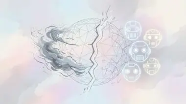 Cracked globe with robot faces and storm clouds, a fracturing data line, symbolizing internet disruption from AI bot traffic.