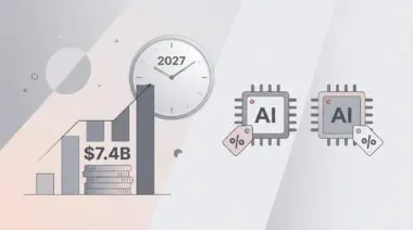 Bar chart rising from coins labeled $7.4B, clock set to 2027, and two AI chip icons with slashed price tags on pastel background
