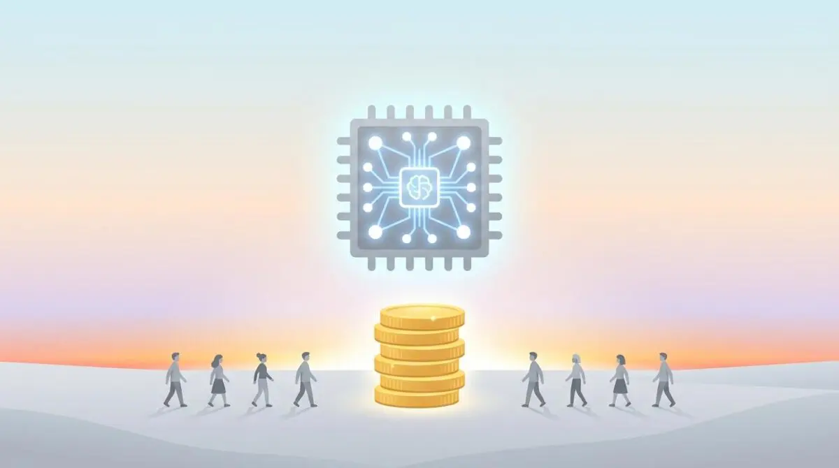Glowing neural network chip atop gold coins and two rows of miniature people at dawn horizon, symbolizing DeepSeek's AGI dawn and $7.4B war chest.