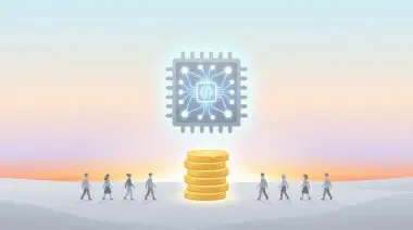 Glowing neural network chip atop gold coins and two rows of miniature people at dawn horizon, symbolizing DeepSeek's AGI dawn and $7.4B war chest.
