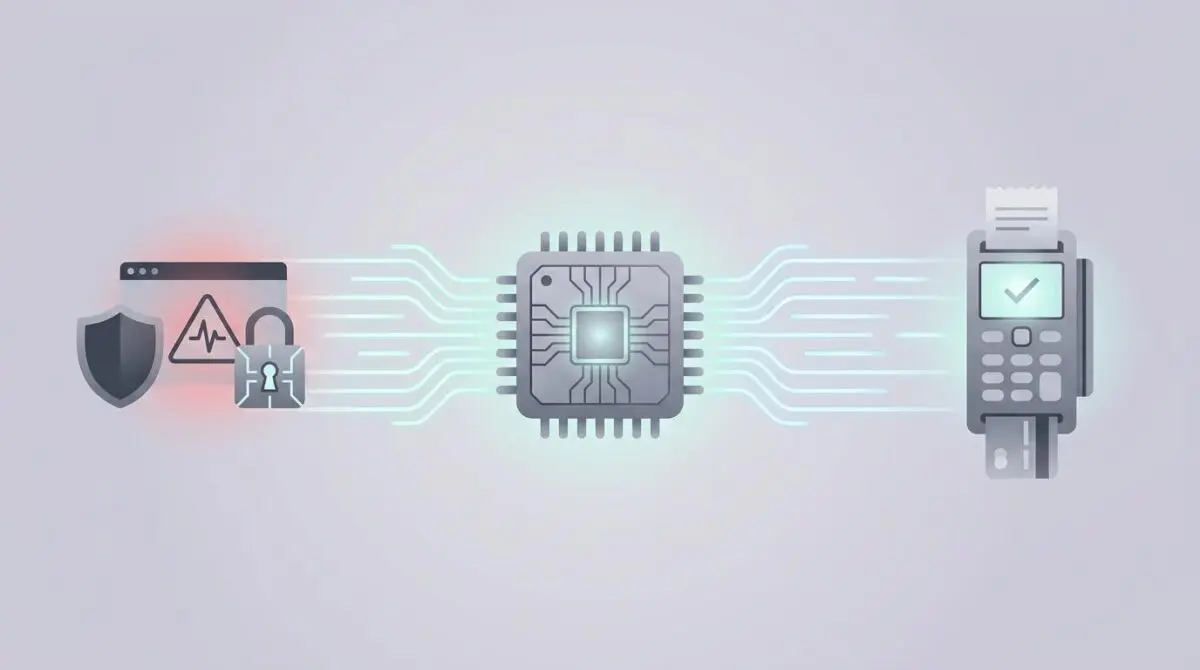 Gray microchip with glowing lines connecting to payment terminal and fraud alert interface, representing DeepSeek's AI chip enabling instant payments and real-time decisions.