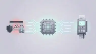 Gray microchip with glowing lines connecting to payment terminal and fraud alert interface, representing DeepSeek's AI chip enabling instant payments and real-time decisions.