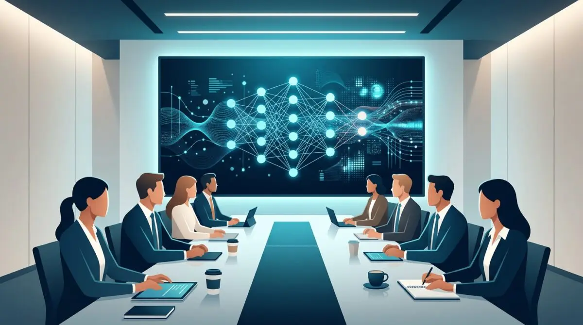 Business executives in a boardroom presentation viewing a glowing artificial intelligence neural network diagram.