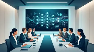 Business executives in a boardroom presentation viewing a glowing artificial intelligence neural network diagram.