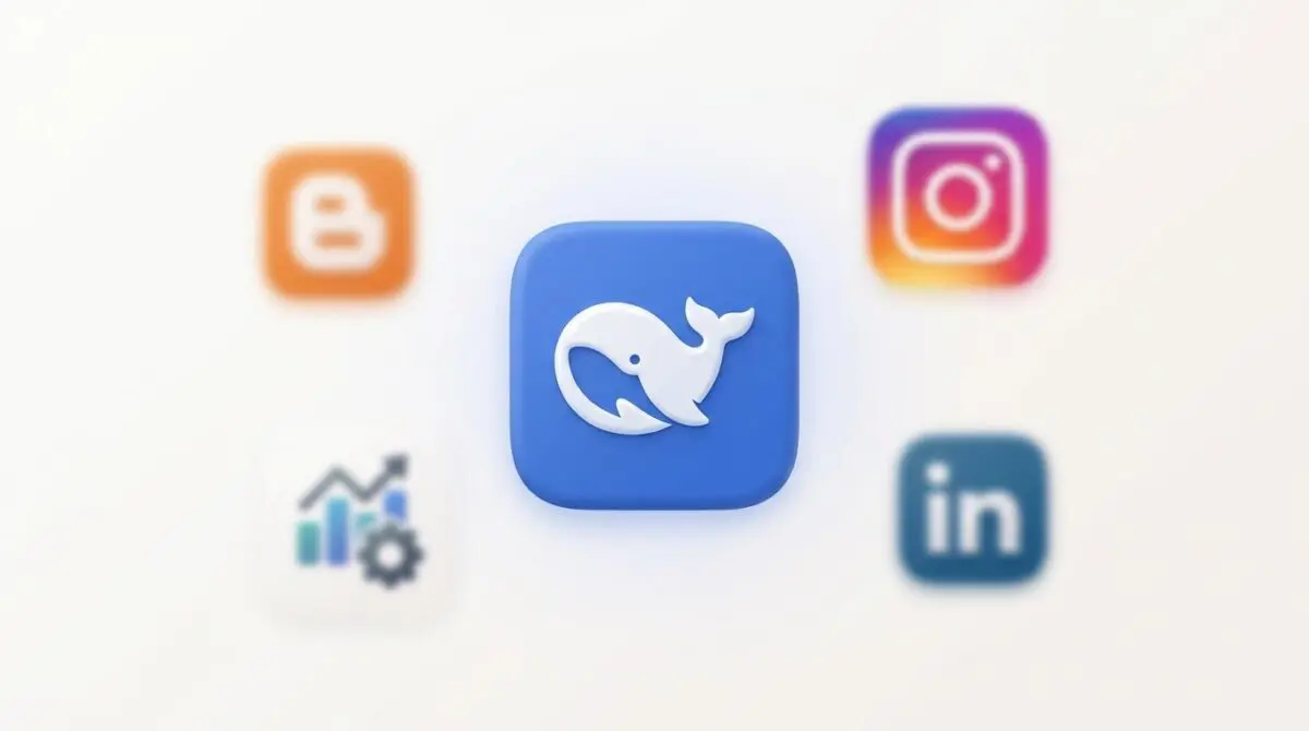 3D DeepSeek app icon with white whale logo surrounded by blurred social media icons, symbolizing $74B valuation and AI cost disruption