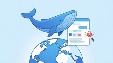 Blue whale hovering over globe with leaked chat logs and search snippet, cursor pointing to exposed data icon, representing DeepSeek data breach