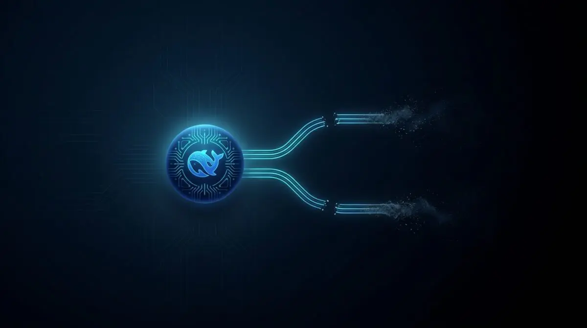 Glowing blue whale circuit emblem with light conduits breaking apart and dissolving into particles on a dark background.