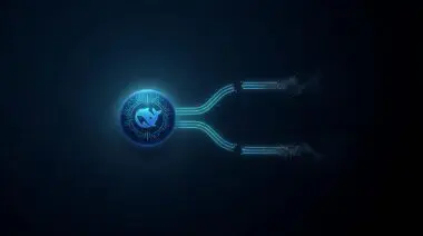 Glowing blue whale circuit emblem with light conduits breaking apart and dissolving into particles on a dark background.