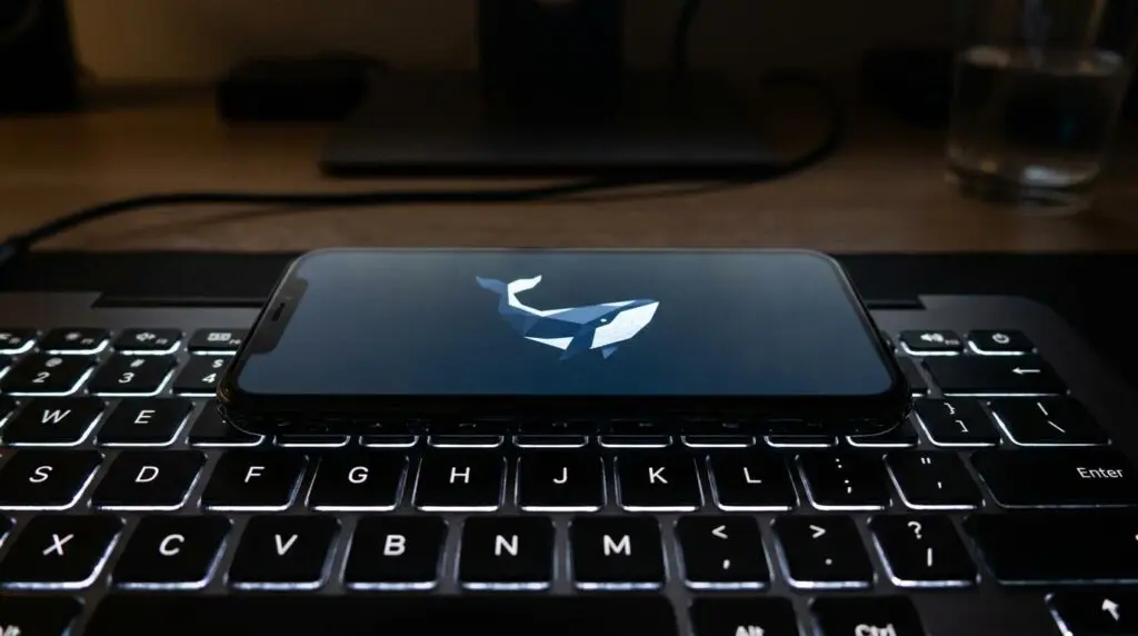 Smartphone on laptop keyboard displaying DeepSeek whale graphic, symbolizing paused $10B fundraise due to leaked transcript.