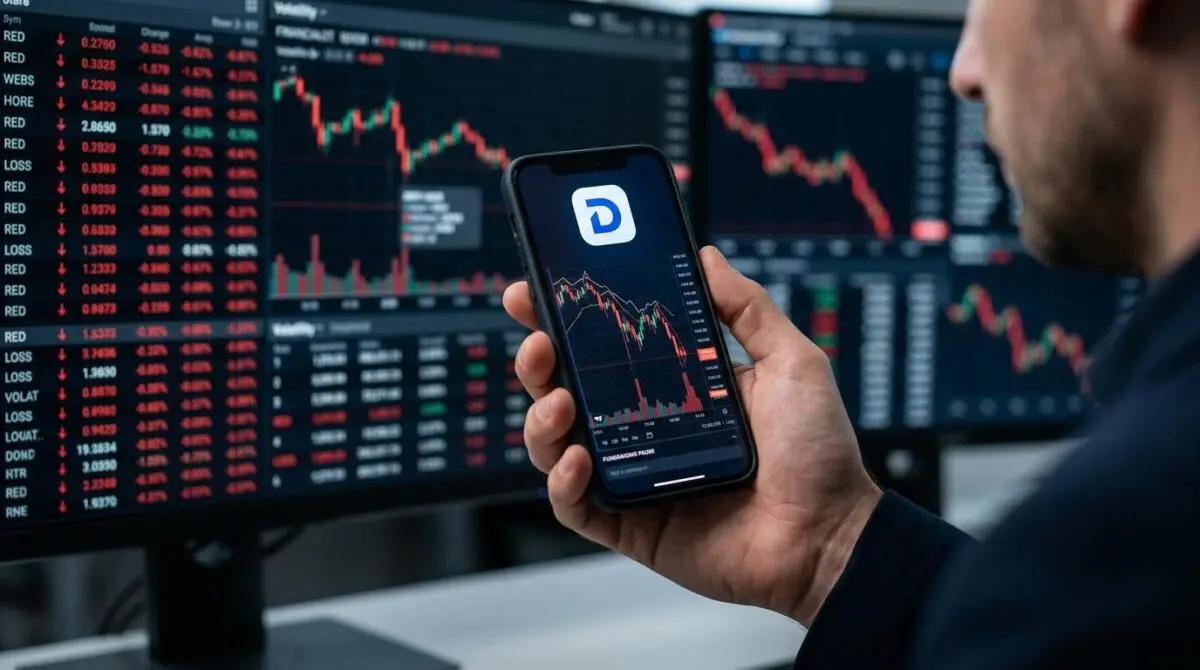Hand holding smartphone with DeepSeek logo and stock charts, monitors show market data reflecting fundraising pause and investor unease.