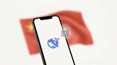 Smartphone displaying DeepSeek logo with blurred Chinese flag background and padlock overlay, representing AI chip export controls