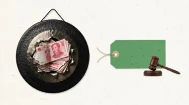 Black gong with torn center showing Chinese Yuan bills beside green $74B pre-IPO tag, symbolizing DeepSeek's valuation.