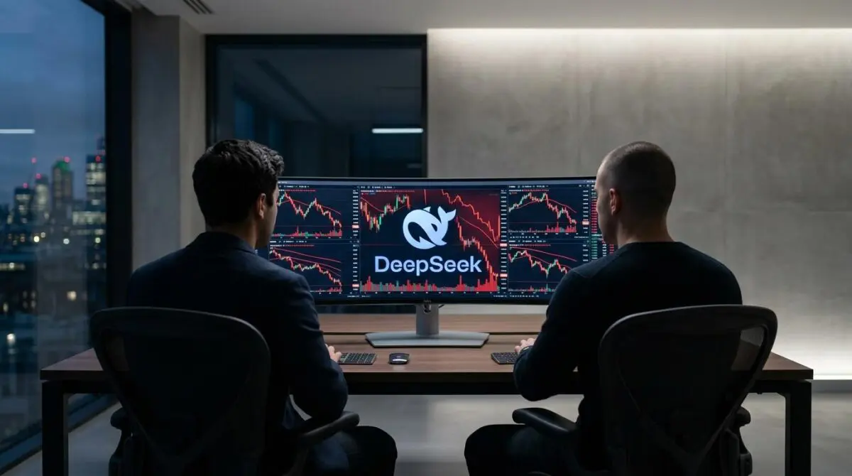 Two professionals viewed from behind monitor with red falling stock charts and DeepSeek logo, illustrating quant fund plunge.